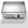 Stainless steel griddle with measurement details on a white background