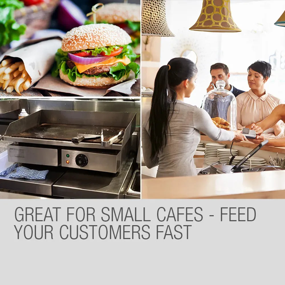 Burger preparation on a grill with a restaurant scene and text 'Great for small cafes - feed your customers fast'.