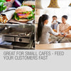 Burger preparation on a grill with a restaurant scene and text 'Great for small cafes - feed your customers fast'.