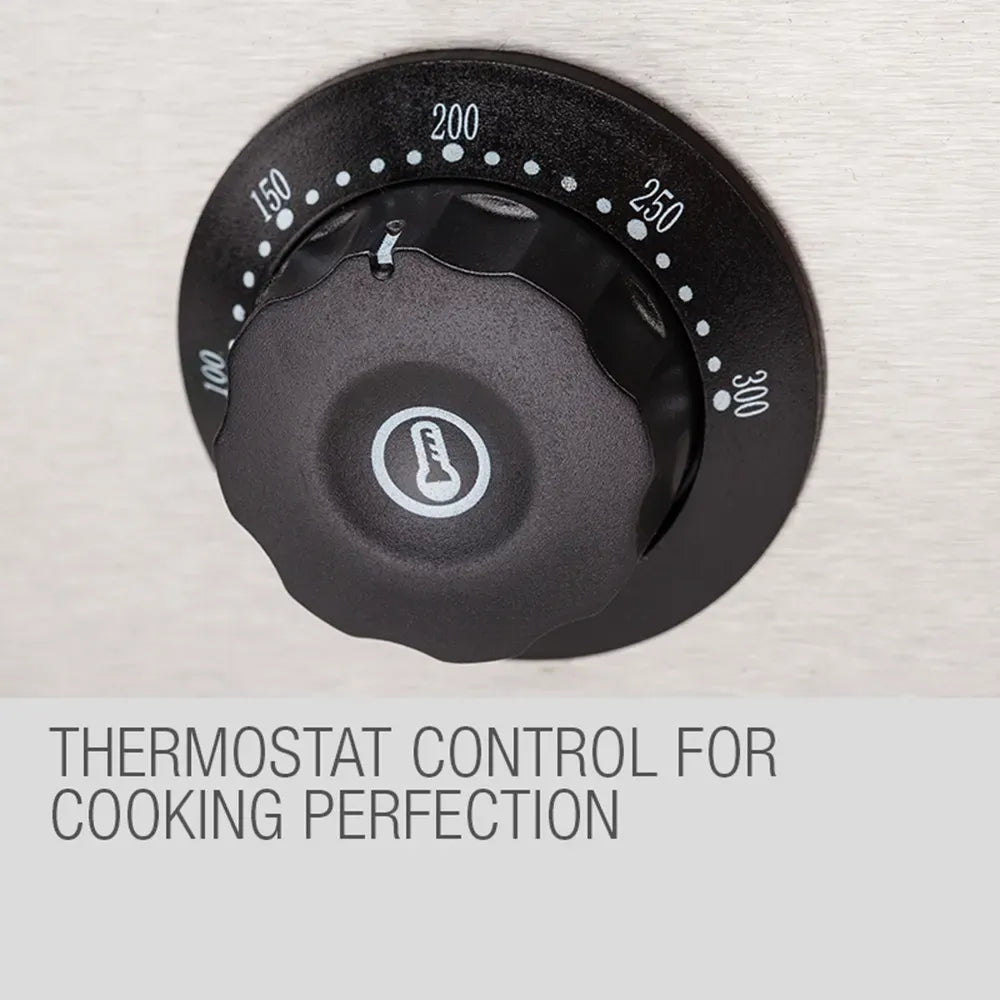 Thermostat control knob on a stove with text 'Thermostat control for cooking perfection'.