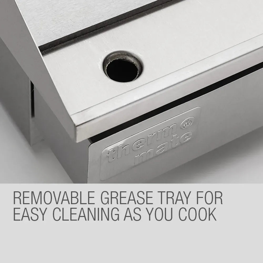 Stainless steel grease tray with a removable design for easy cleaning, featuring the brand 'Therm-a-Rest'.