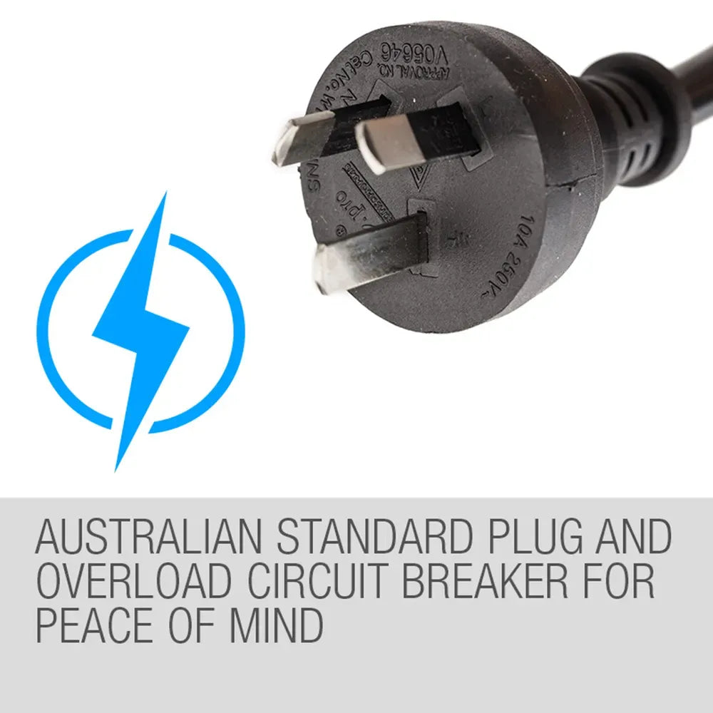 Australian standard plug with overload circuit breaker on a white background