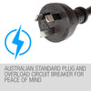 Australian standard plug with overload circuit breaker on a white background