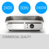Stainless steel griddle with electrical specifications on a white background