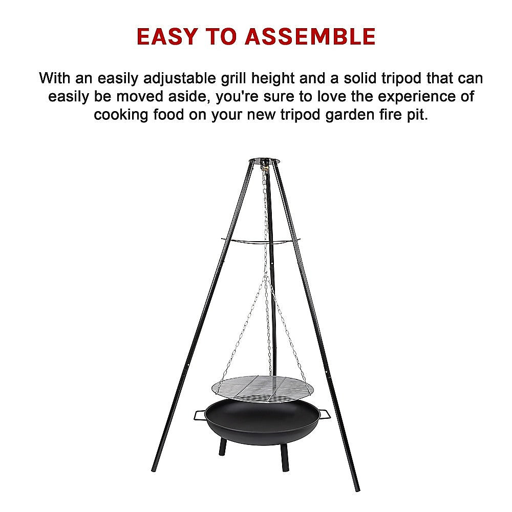 A hanging round fire pit grill in tripod style showing the ease of assembling it and set on a white background.