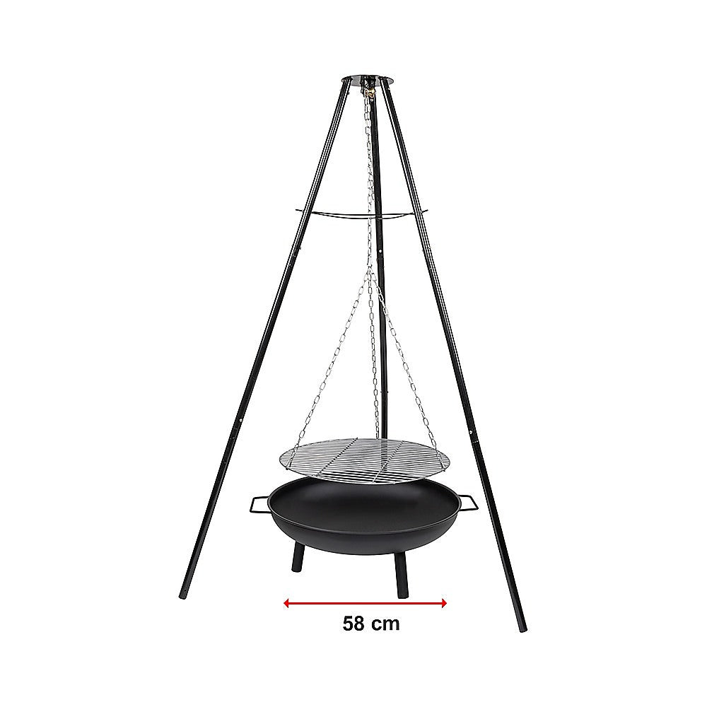 A hanging round fire pit grill in tripod style showing its dimensions and set on a white background.