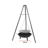A hanging round fire pit grill in tripod style showing its dimensions and set on a white background.