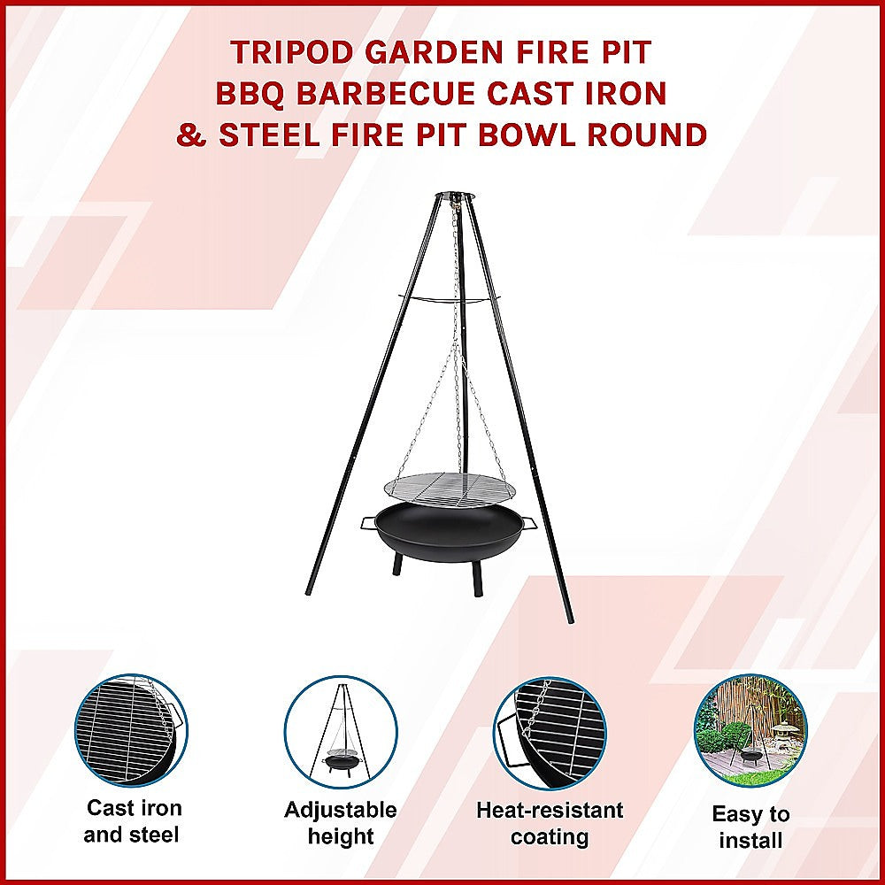 A black tripod garden fire pit with a round bowl on top, featuring a heat-resistant coating, adjustable height tripod, easy to install and metal grill.