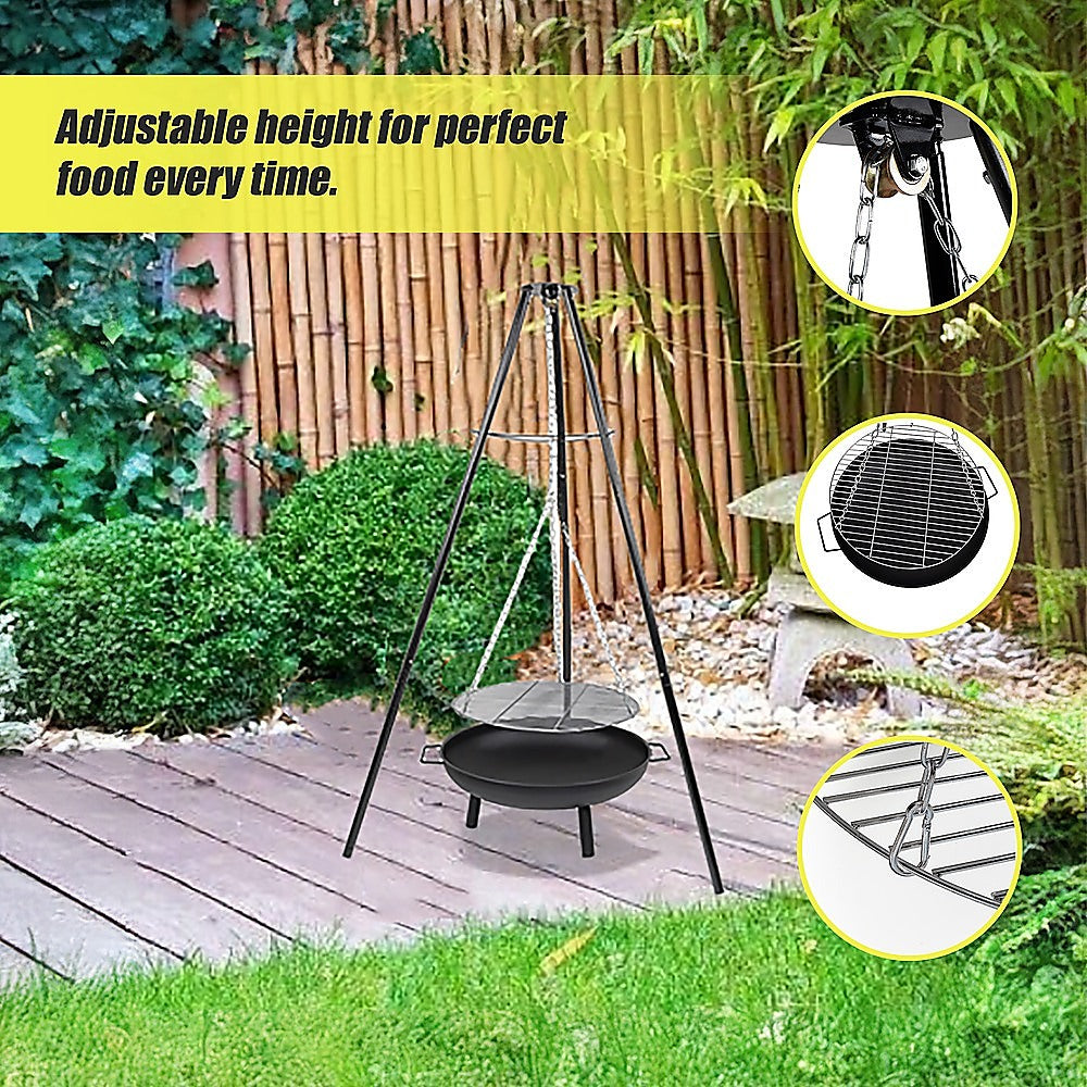 A black tripod garden fire pit with a round bowl on top, featuring a heat-resistant coating, adjustable height tripod. Insert images showing the adjustable height for grilling perfect food. 