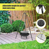 A black tripod garden fire pit with a round bowl on top, featuring a heat-resistant coating, adjustable height tripod. Insert images showing the adjustable height for grilling perfect food. 