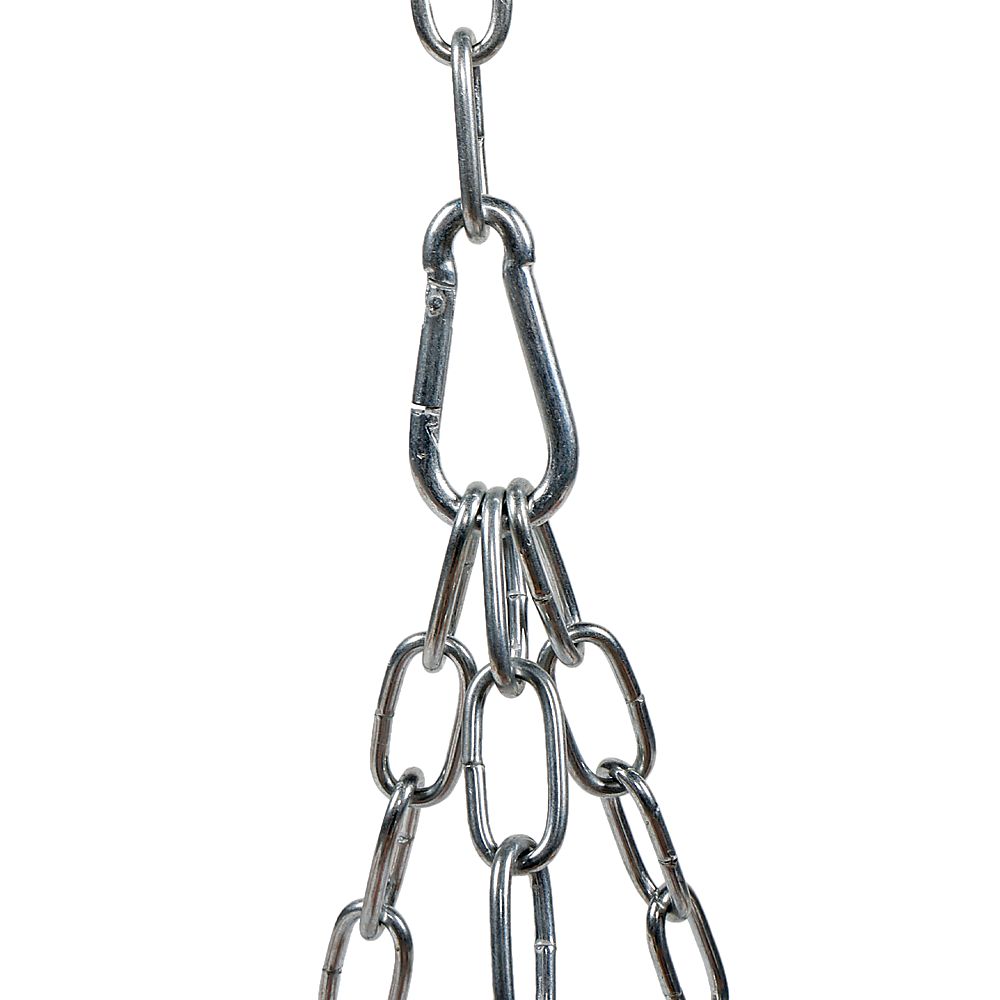 close up image of the hanging chains on top of a tripod garden fire pit.