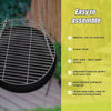 A close-up image of a hanging round fire pit grill showing the ease of installment.