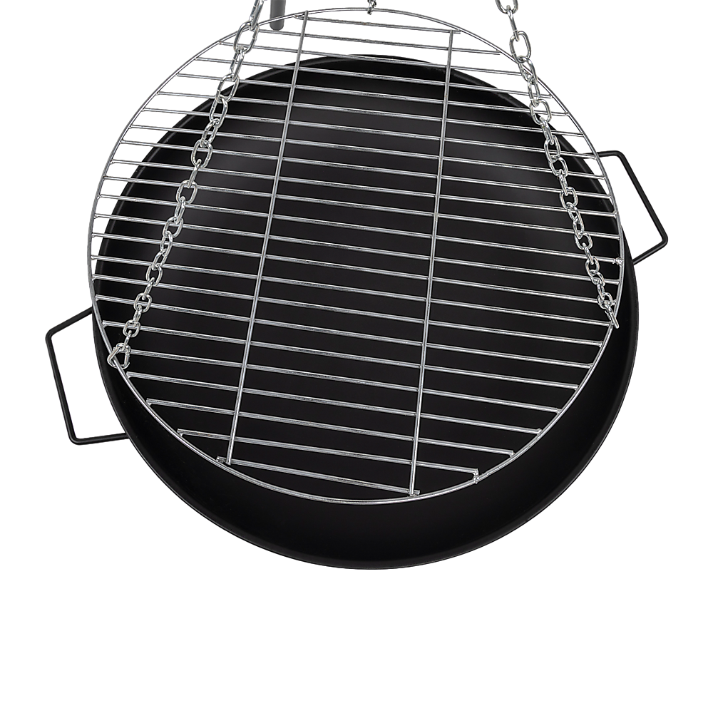 A close-up top view image of a hanging round fire pit grill on a white background.