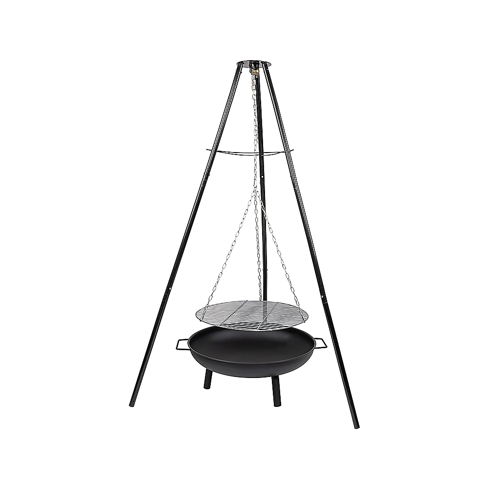 A black tripod garden fire pit with a round bowl on top, featuring a heat-resistant coating and a metal grill; on a white background.
