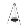 A black tripod garden fire pit with a round bowl on top, featuring a heat-resistant coating and a metal grill; on a white background.