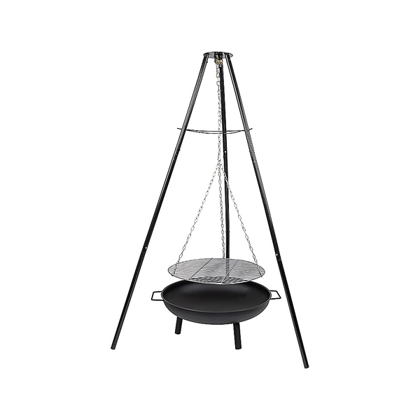 A black tripod garden fire pit with a round bowl on top, featuring a heat-resistant coating and a metal grill; on a white background.