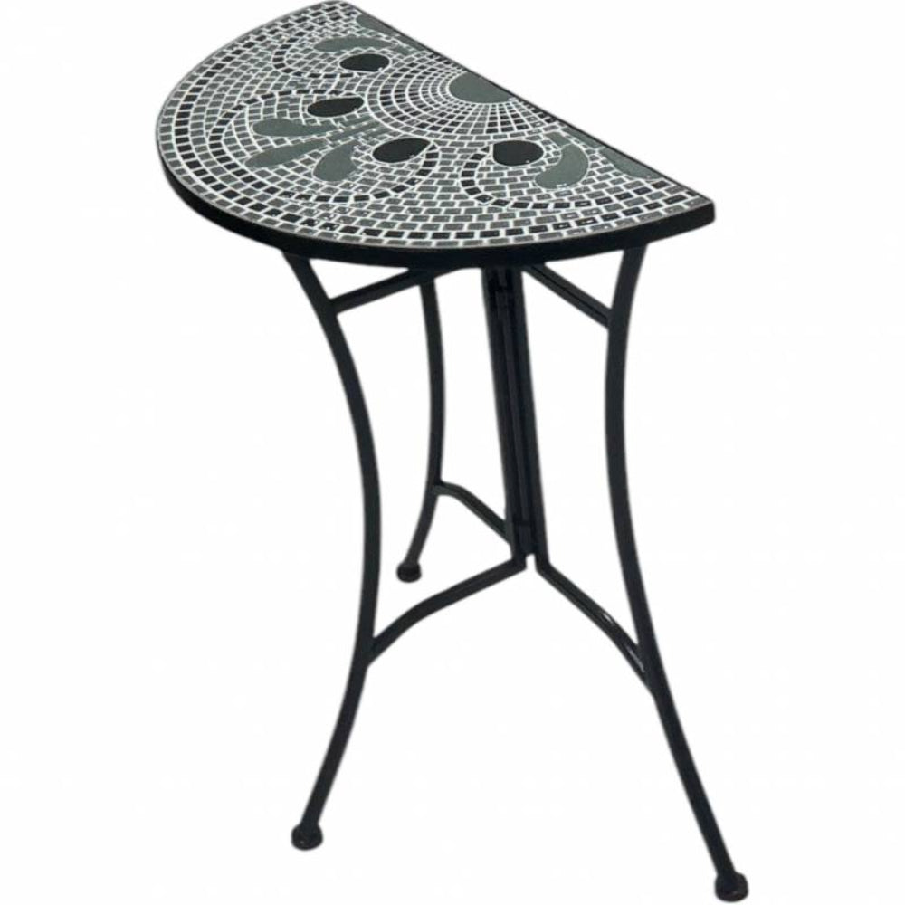 Small outdoor table with mosaic top and black metal legs on a white background
