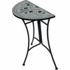 Small outdoor table with mosaic top and black metal legs on a white background