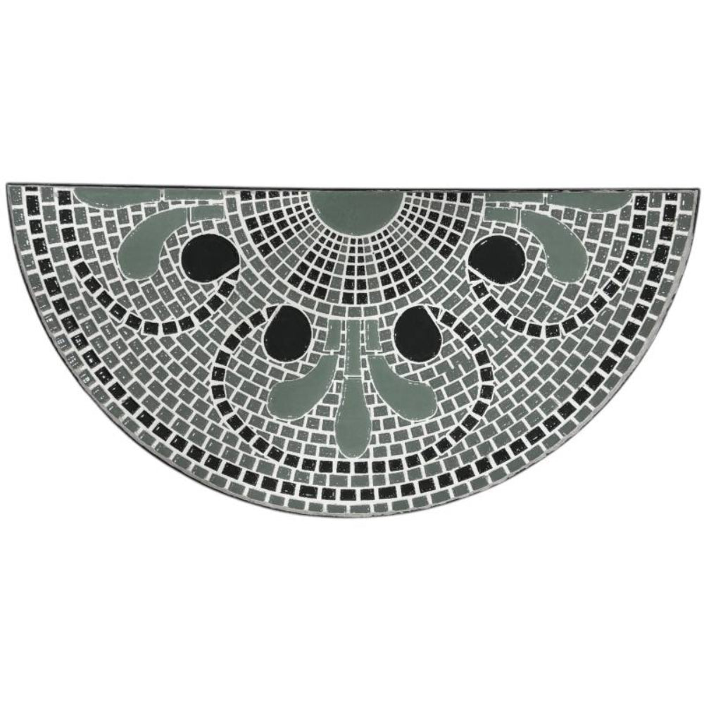 Mosaic half-circle rug with black, gray, and green pattern on a white background