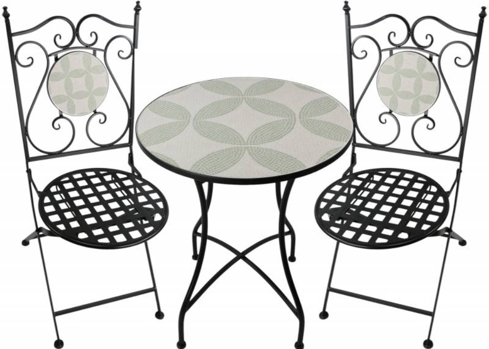 Wrought iron table and chairs with decorative patterns on a white background