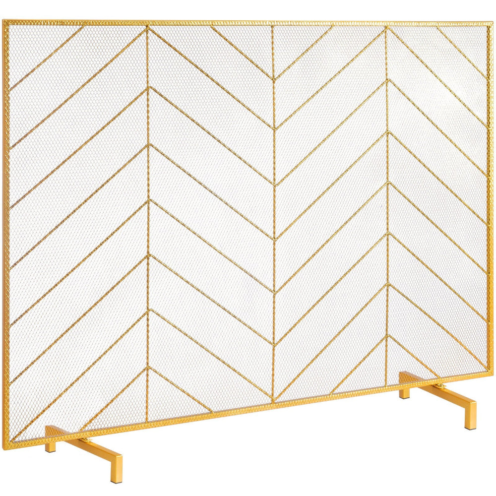 Gold-framed fireplace screen with chevron pattern on a white background