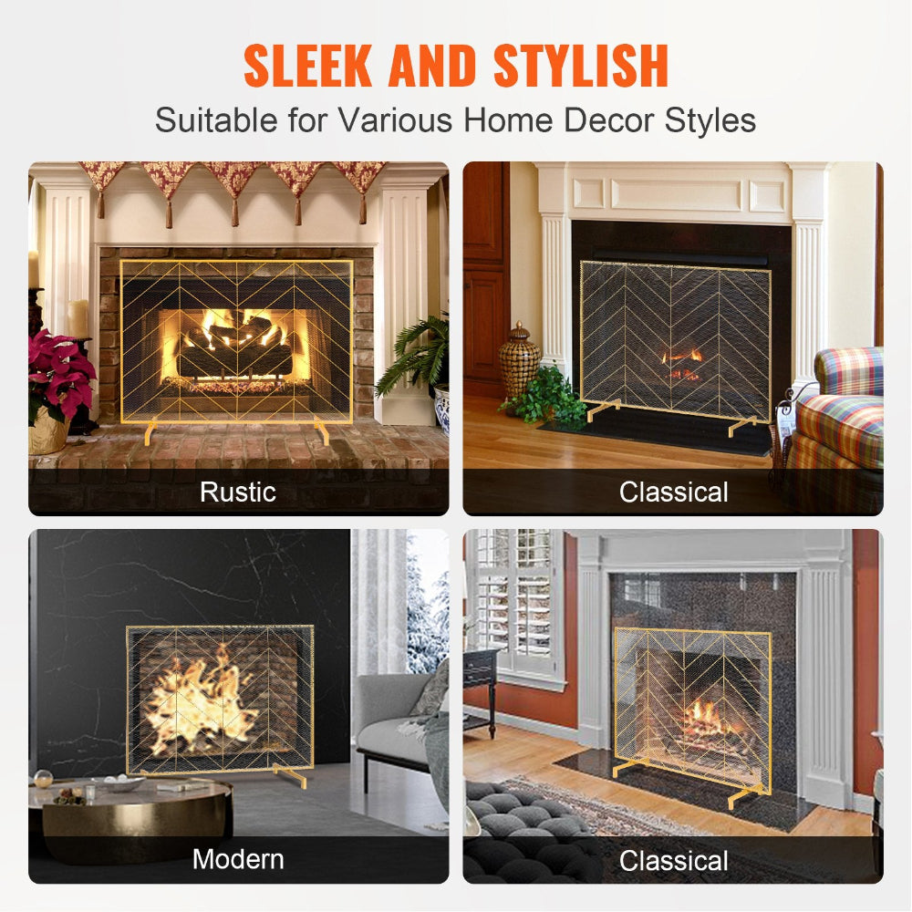 4 different Fireplace screen images in rustic, classical, modern, and classical styles with text 'Sleek and Stylish' and 'Suitable for Various Home Decor Styles'.