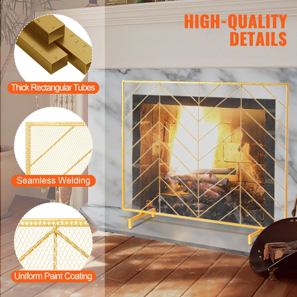 Gold fireplace screen with high-quality details and a cozy fireplace in the background.