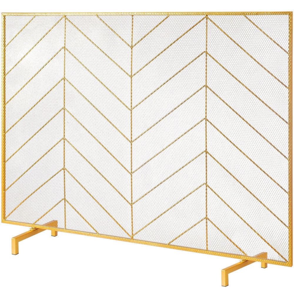 Gold metal fire screen divider with chevron pattern on a white background