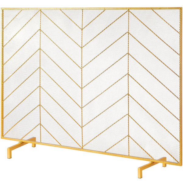 Gold metal fire screen divider with chevron pattern on a white background