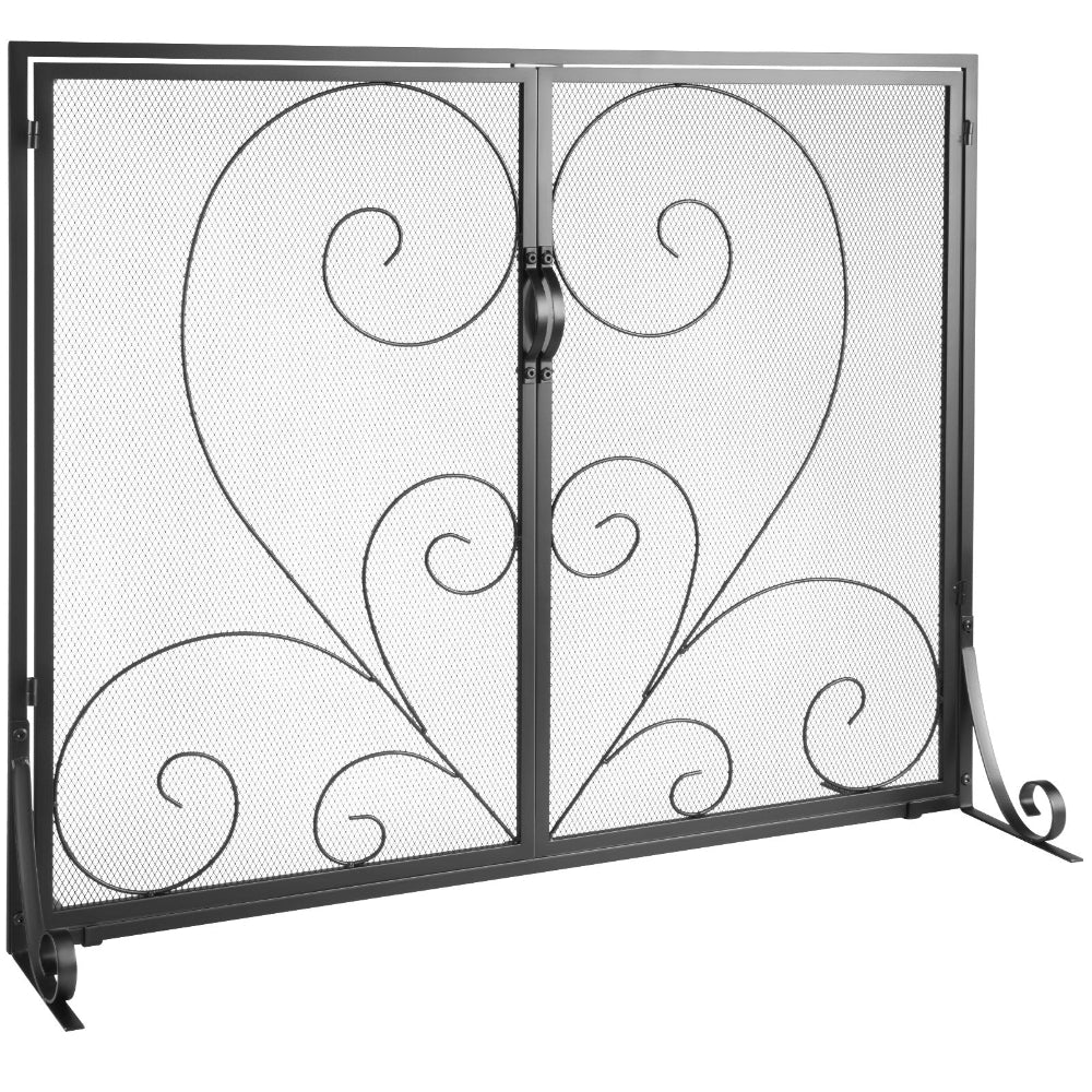 Decorative metal fireplace screen with intricate scrollwork on a white background