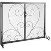 Decorative metal fireplace screen with intricate scrollwork on a white background