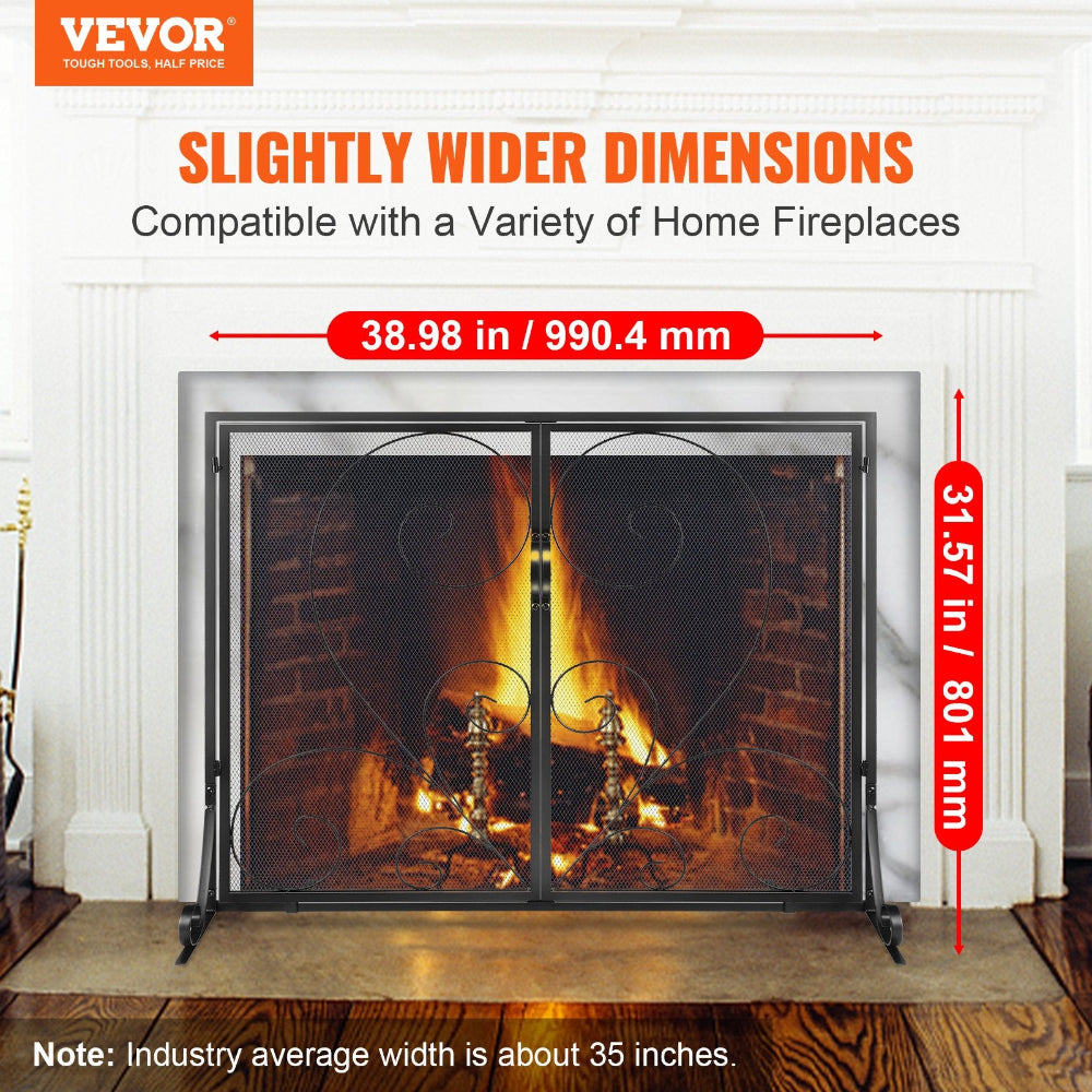 Fireplace screen with dimensions labeled, featuring VEVOR branding.