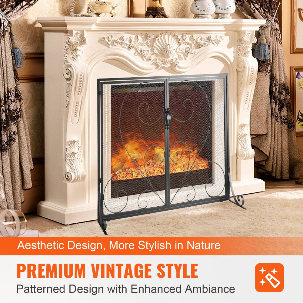 Decorative fireplace with ornate design and warm glow, surrounded by patterned curtains.