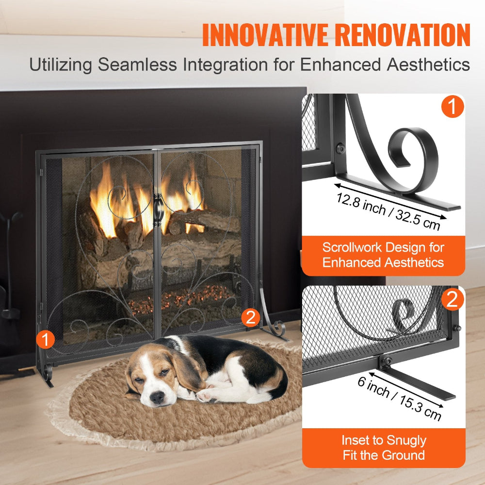 Fireplace with decorative screen, dog lying on rug, and close-up of screen design.
