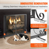 Fireplace with decorative screen, dog lying on rug, and close-up of screen design.
