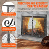 Decorative fireplace screen with scrollwork design and magnetic door feature, on a marble background.