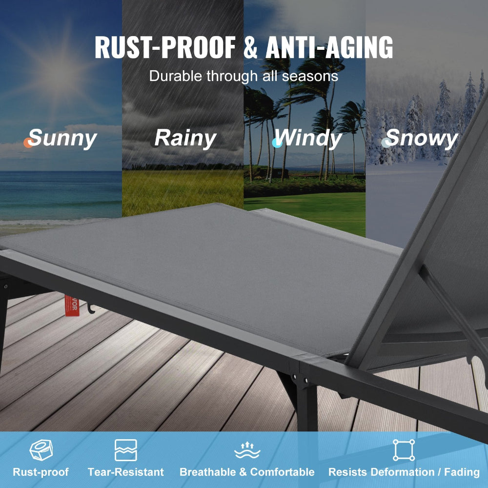 Gray lounge chair on a wooden deck with weather conditions text overlay