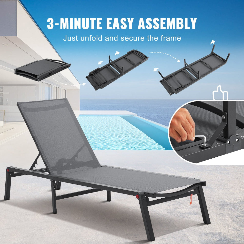 Gray lounge chair with assembly instructions on a poolside background