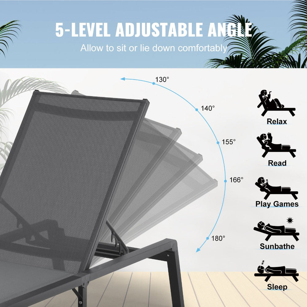 Adjustable sun lounger with 5-level adjustable angle illustration on a wooden deck.