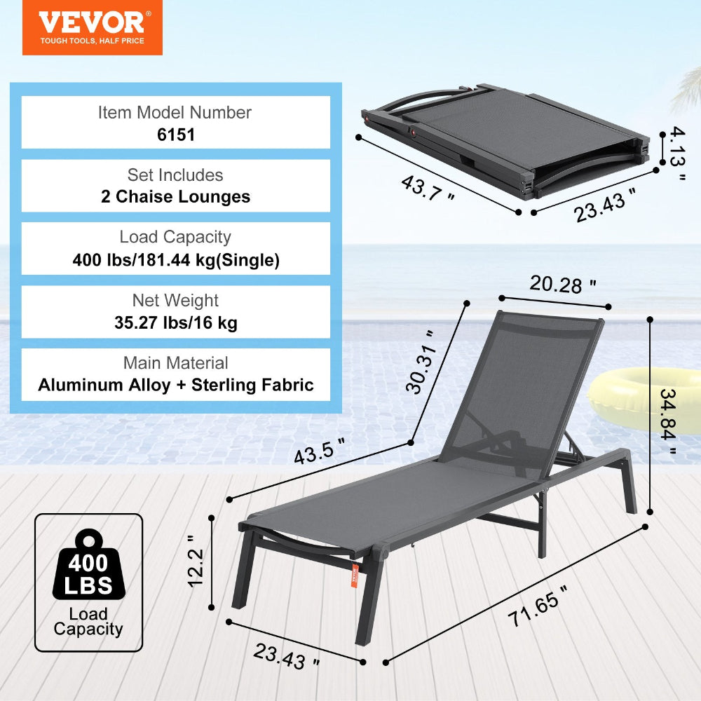 Vevor chaise lounge with dimensions and specifications on a light blue background