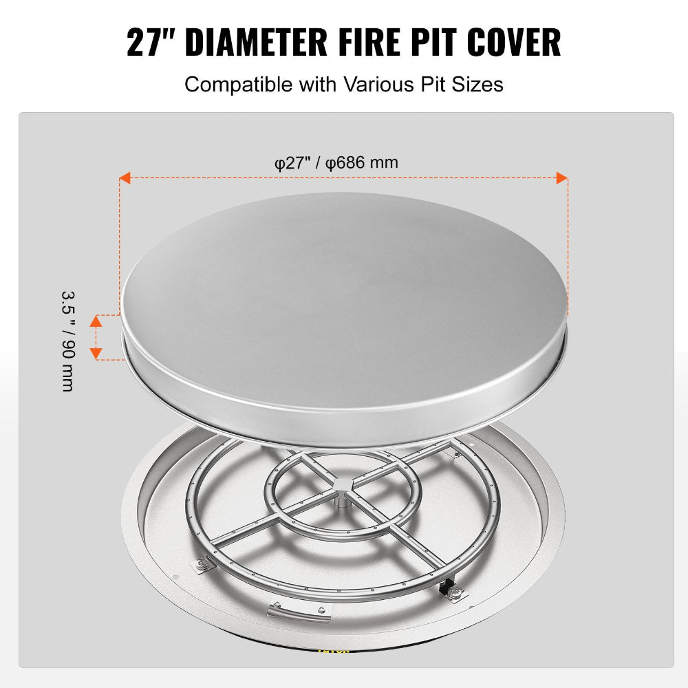 27-inch diameter fire pit cover with dimensions on a white background