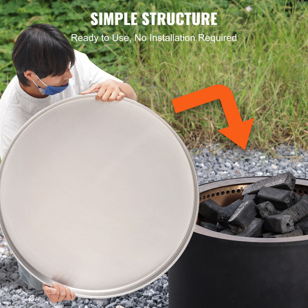 Person holding a round metal lid over a fire pit with text indicating simplicity and readiness to use.