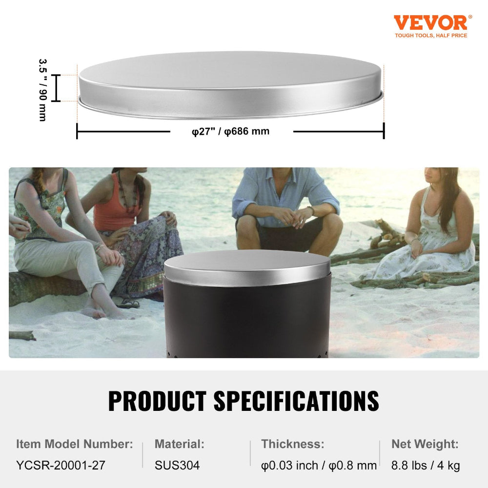 Metallic fire pit cover with dimensions and product specifications displayed, featuring VEVOR branding.