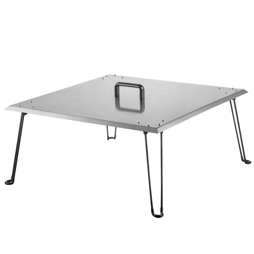 Metallic camping table with legs on a white background
