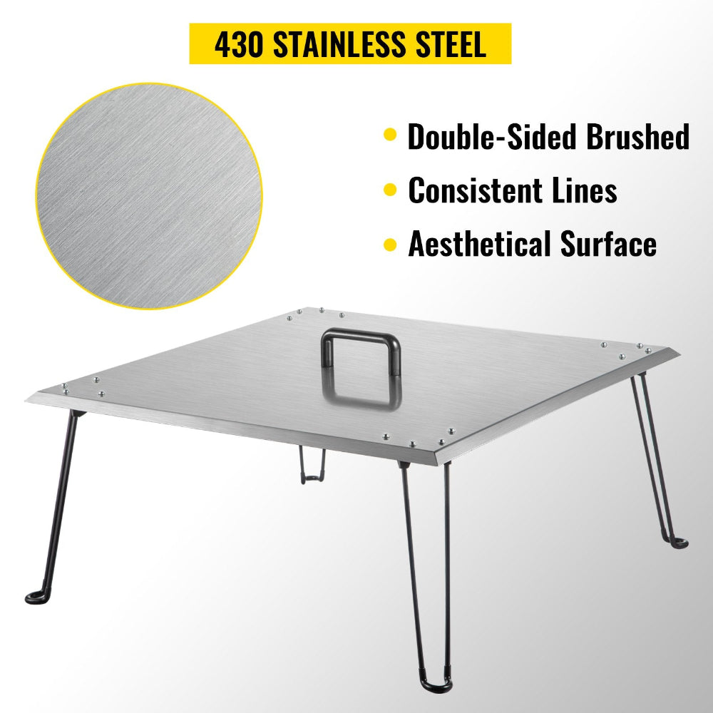 Metal table with 430 stainless steel material, double-sided brushed finish, and consistent lines on a white background.