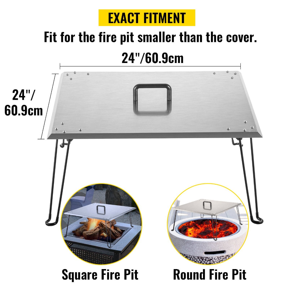 Measurement chart for fire pit cover with square and round fire pit illustrations.