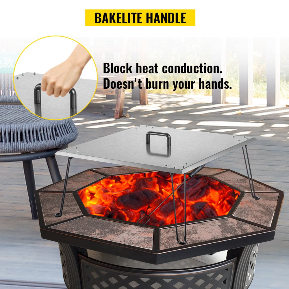 Hexagonal fire pit with Bakelite handle on a wooden deck