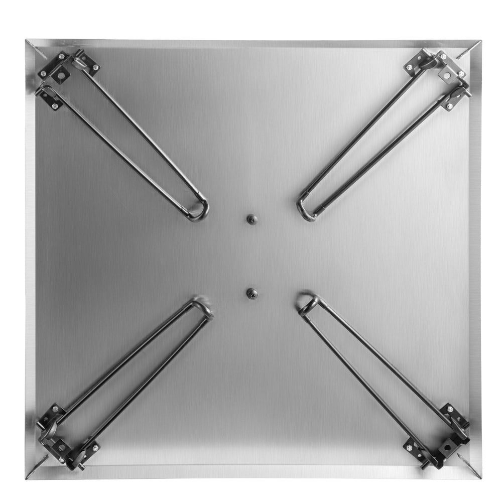 Metallic square panel with four arm-like extensions on a white background