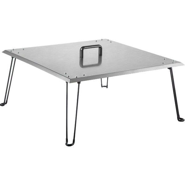 Metallic gray table with black metal legs on a white background