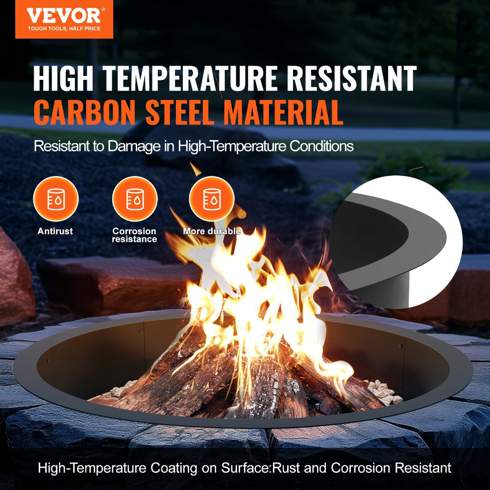 Vevor fire pit with high-temperature resistant carbon steel material, surrounded by rocks and nature.